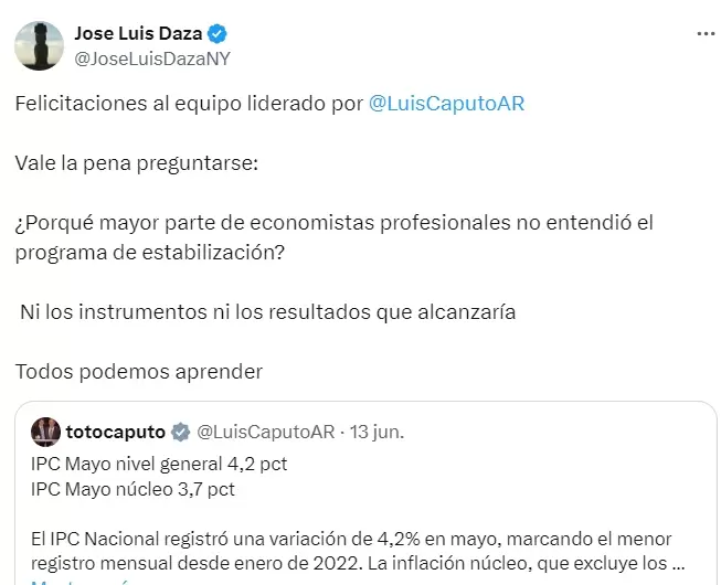 Daza conoce a Caputo de su paso por JP Morgan y Deutsche Bank y a Reidel (jefe de Asesores de Milei) cuando lanzaron el fondo&nbsp;QFR Capital Management.