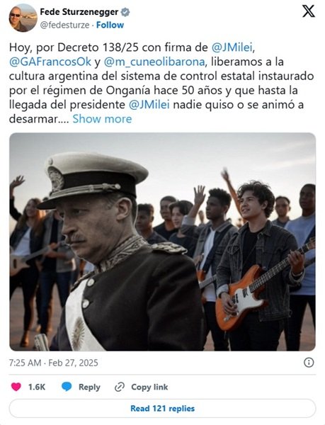 Federico Sturzenegger anunció la firma del decreto que desregula la gestión de los derechos de autor