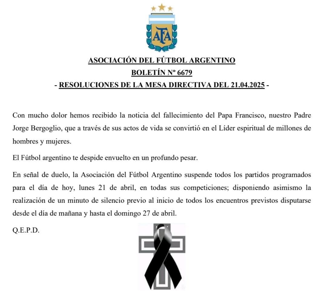 Se postergaron los partidos de este lunes por el fallecimiento del Papa Francisco | Canal Showsport