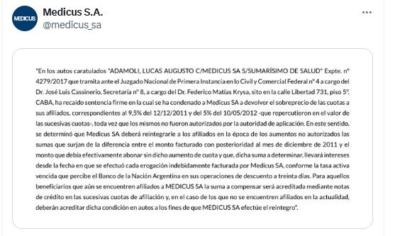 El fallo de la Justicia, publicado por Medicus