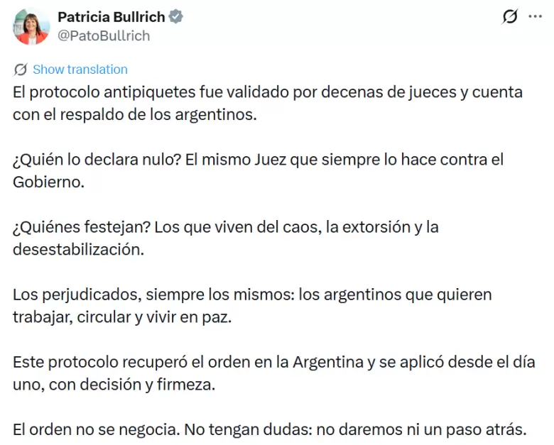 Tuit de Patricia Bullrich