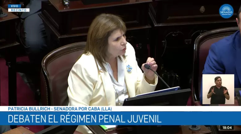 La senadora Patricia Bullrich durante su discurso en el debate del nuevo régimen penal juvenil