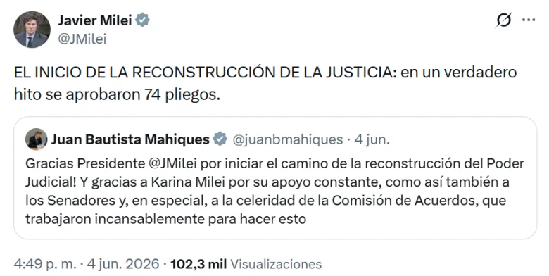 El festejo de Milei y Mahiques por la aprobación de 74 pliegos judiciales - X Milei