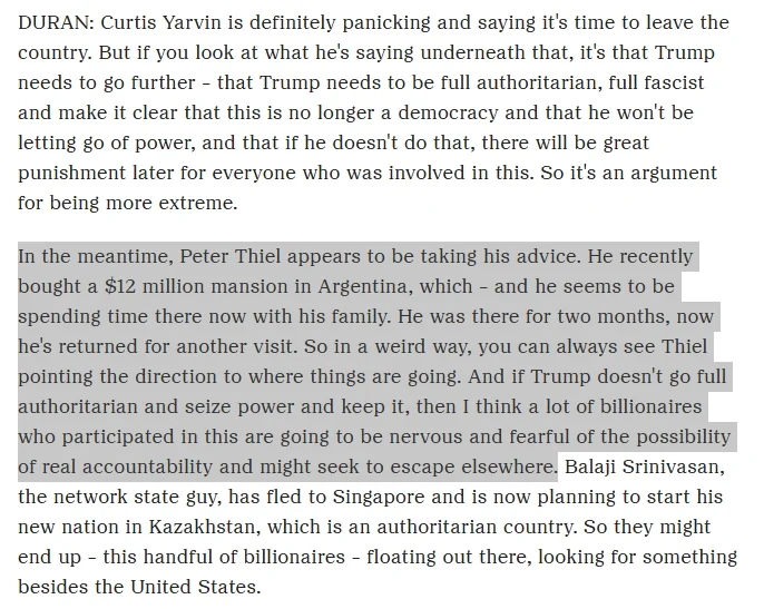 En la entrevista con NPR, Duran menciona la llegada de Thiel a Argentina. - EE